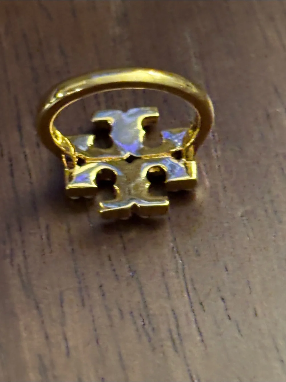 Tory Burch Gold plated Pearl and Crystal Logo Ring size 7
